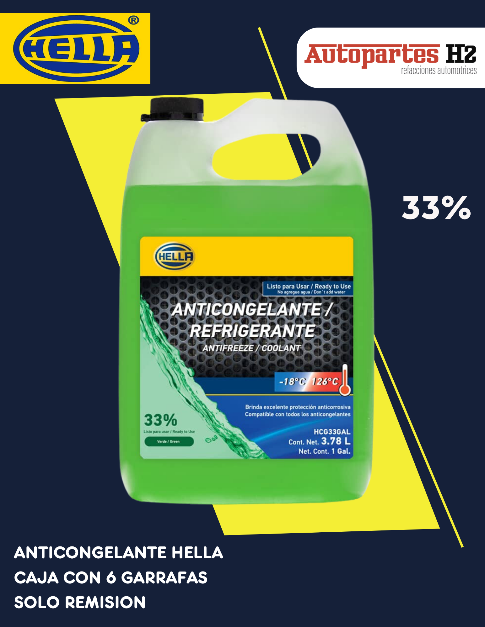 ANTICONGELANTE HELLA VERDE 3.78L 6GARRAFA